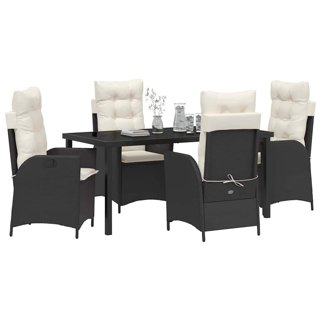 Tuin eettafelset met kussen 5 pcs Zwart poly rattan