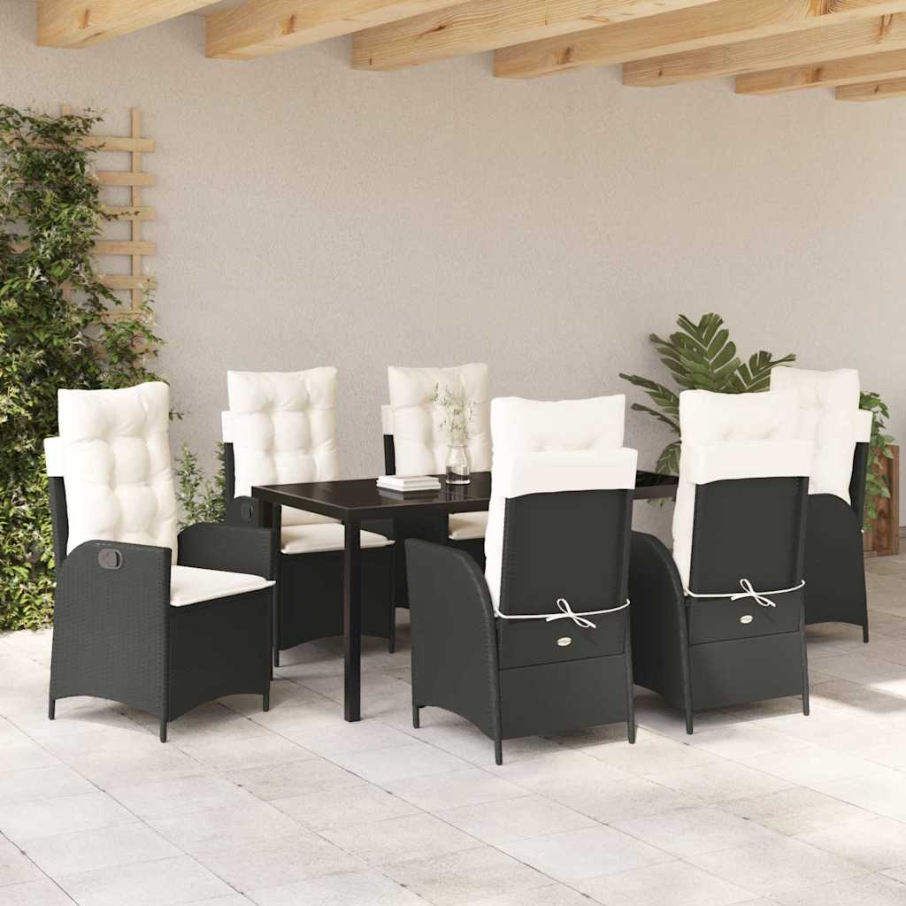 Tuin eettafelset met kussen 7 pcs Zwart poly rattan