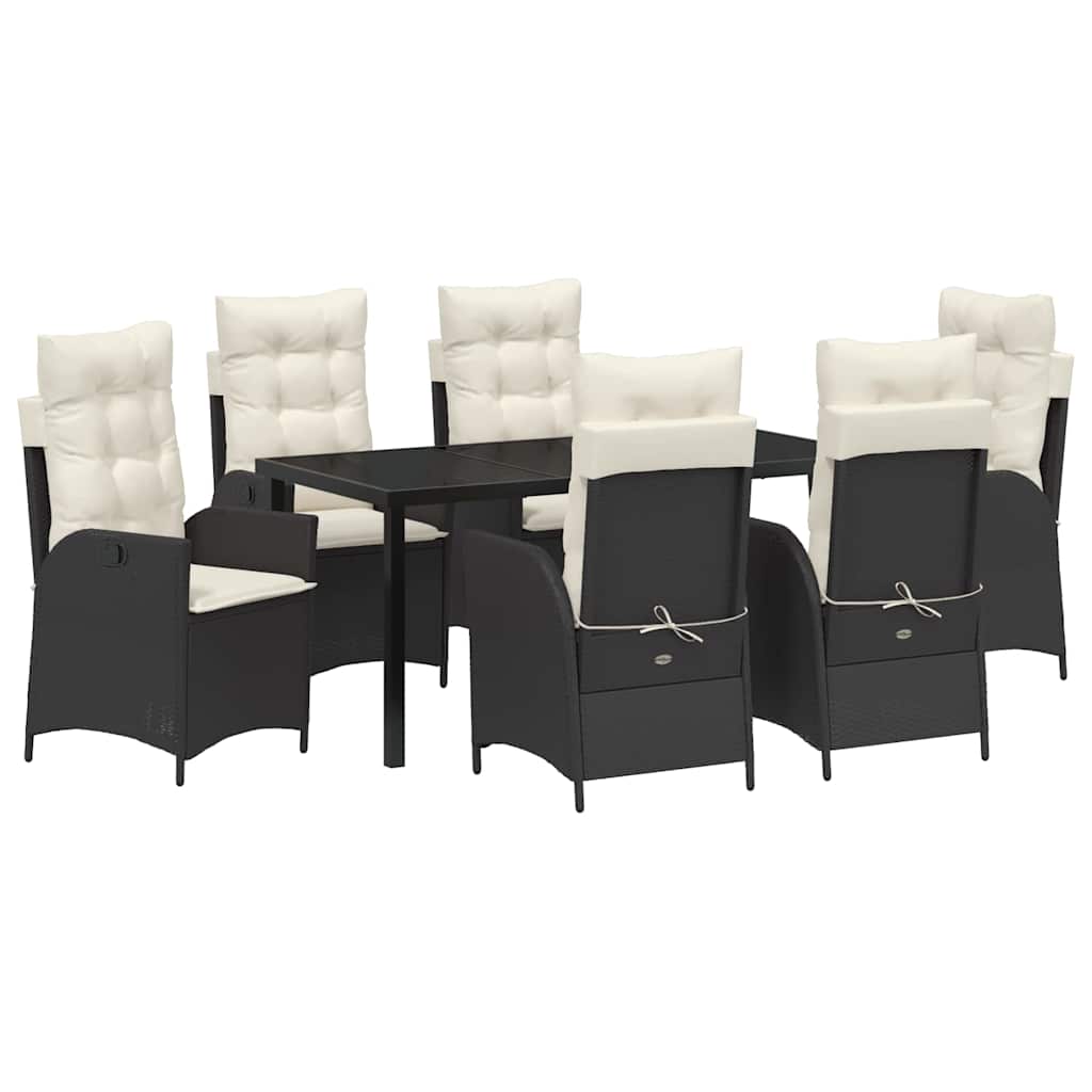 Tuin eettafelset met kussen 7 pcs Zwart poly rattan