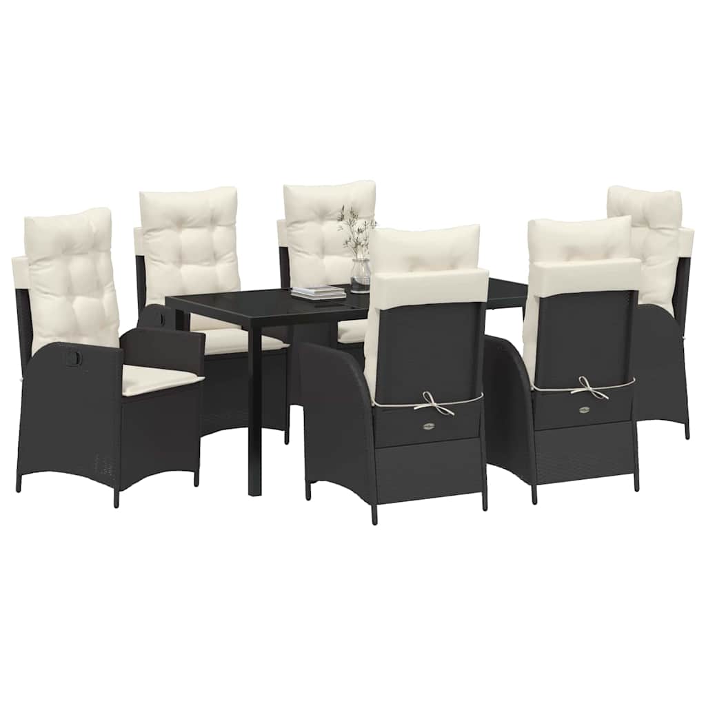 Tuin eettafelset met kussen 7 pcs Zwart poly rattan