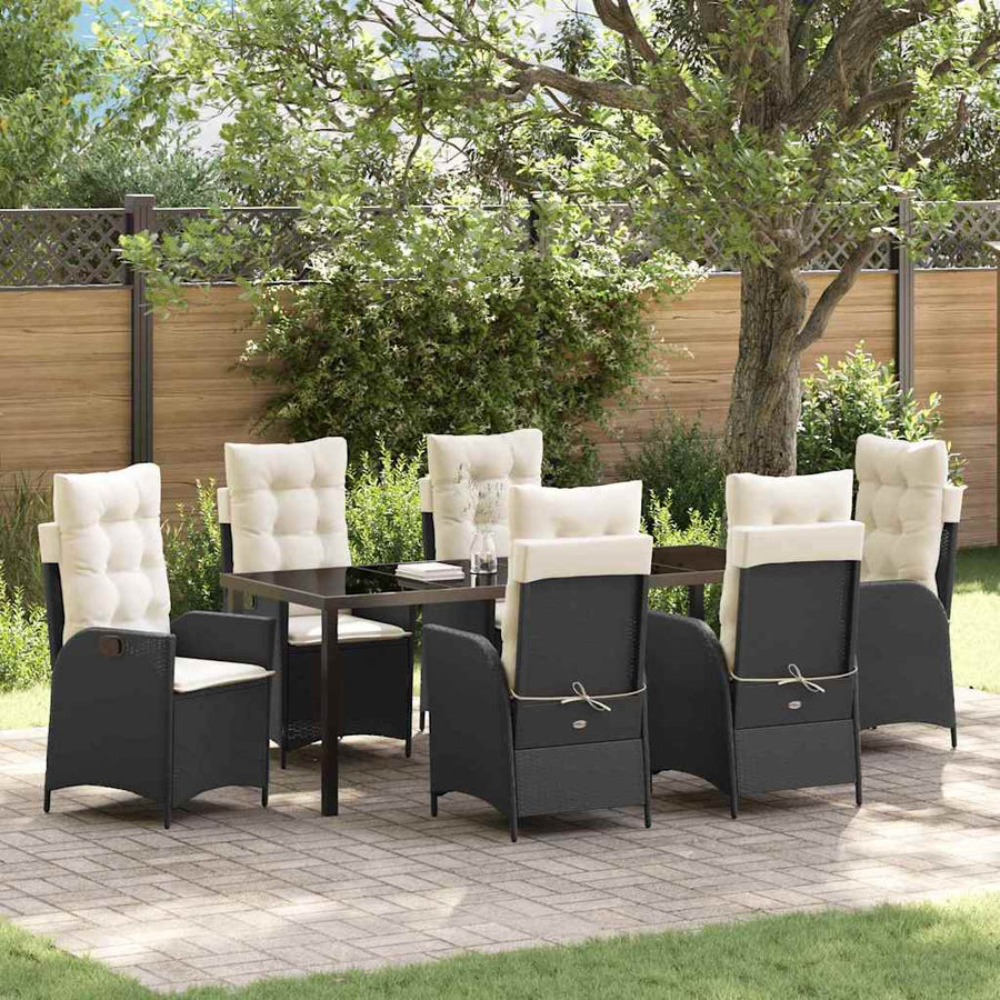 Tuin eettafelset met kussen 7 pcs Zwart poly rattan