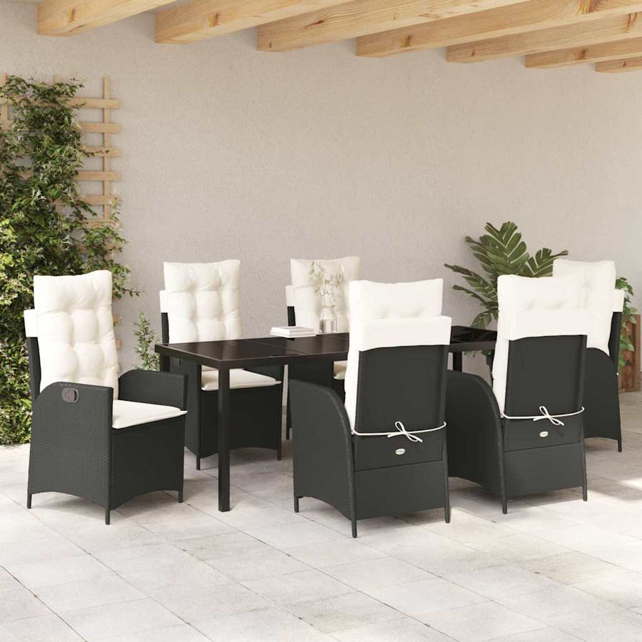 Tuin eettafelset met kussen 7 pcs Zwart poly rattan