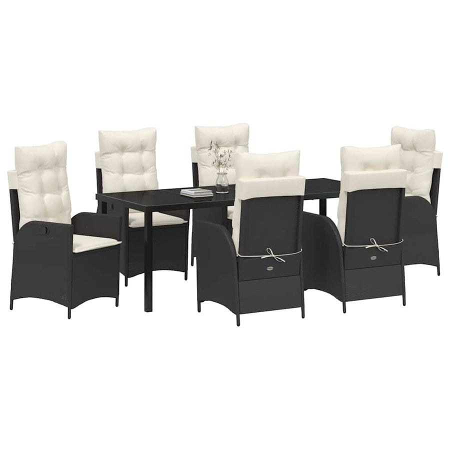 Tuin eettafelset met kussen 7 pcs Zwart poly rattan