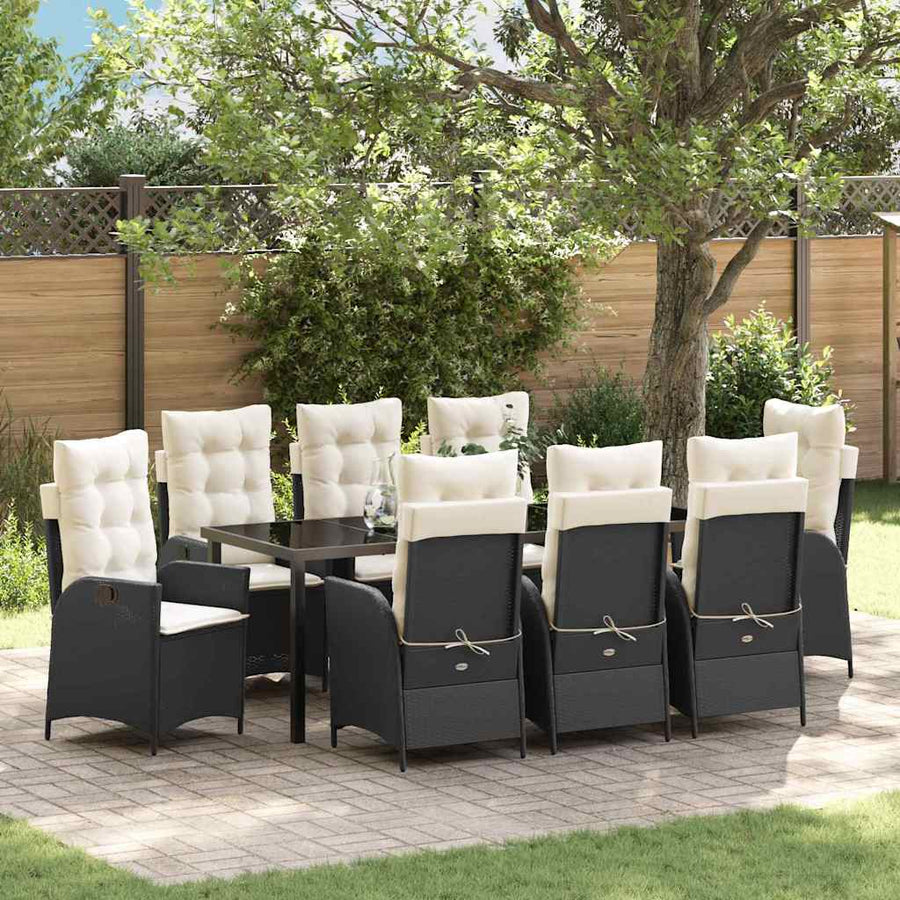 Tuin eettafelset met kussen 9 pcs Zwart poly rattan