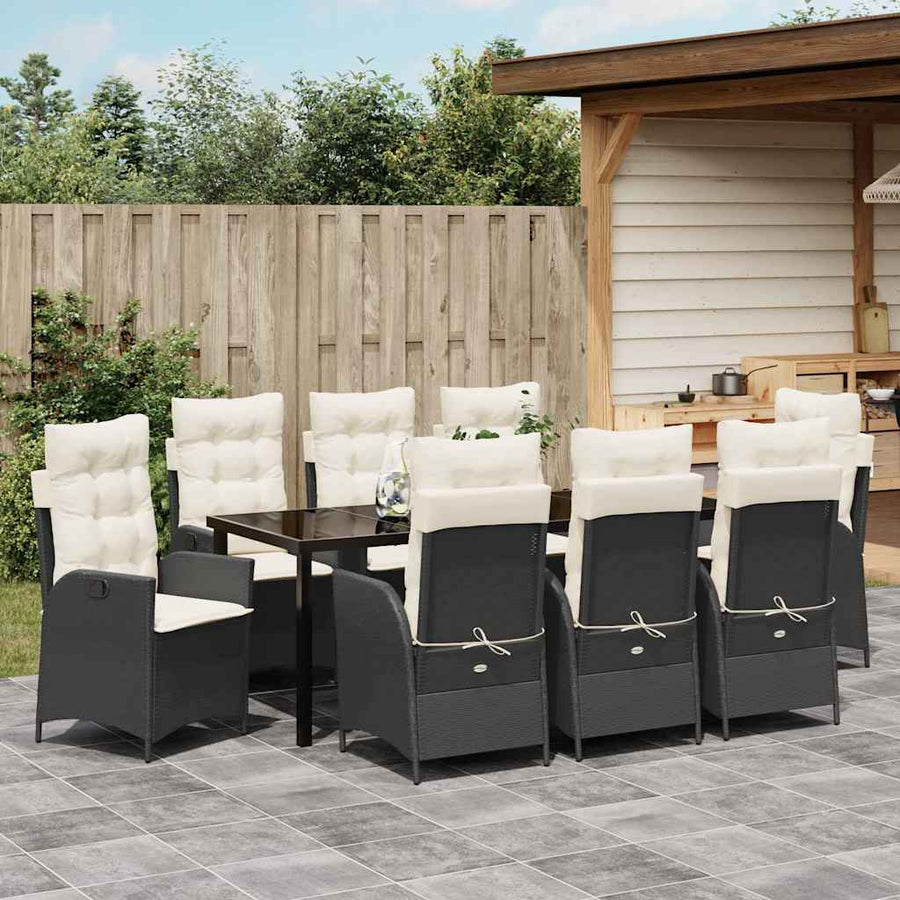 Tuin eettafelset met kussen 9 pcs Zwart poly rattan