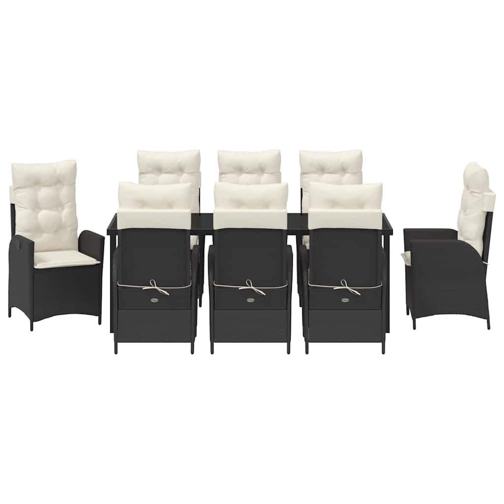 Tuin eettafelset met kussen 9 pcs Zwart poly rattan