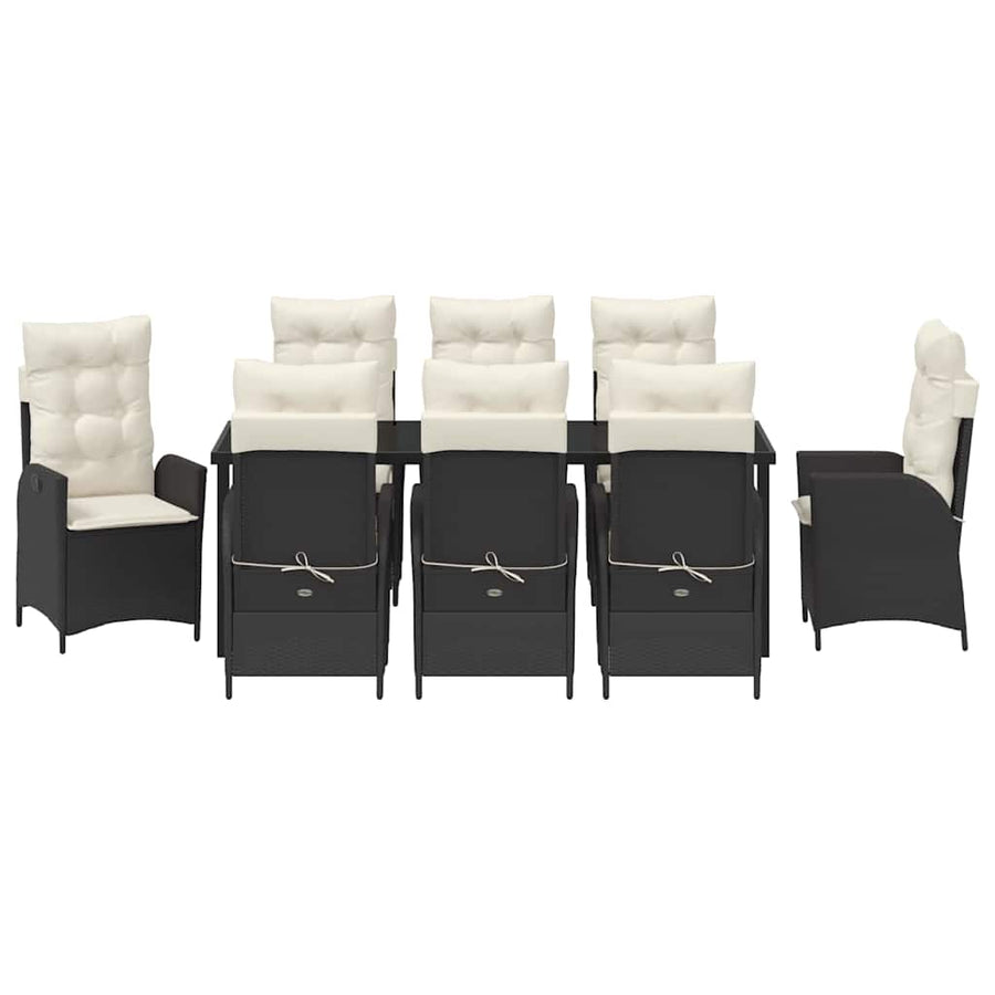 Tuin eettafelset met kussen 9 pcs Zwart poly rattan