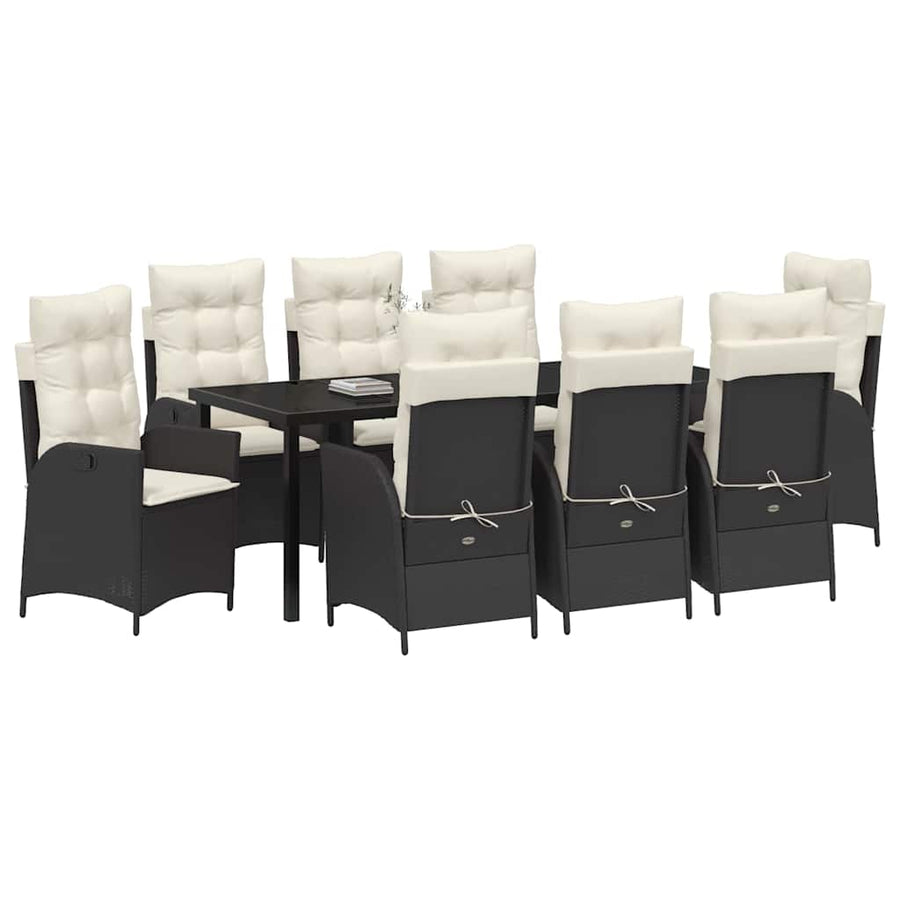 Tuin eettafelset met kussen 9 pcs Zwart poly rattan