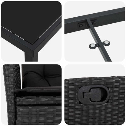 Tuin eettafelset met kussen 3 pcs Zwart poly rattan