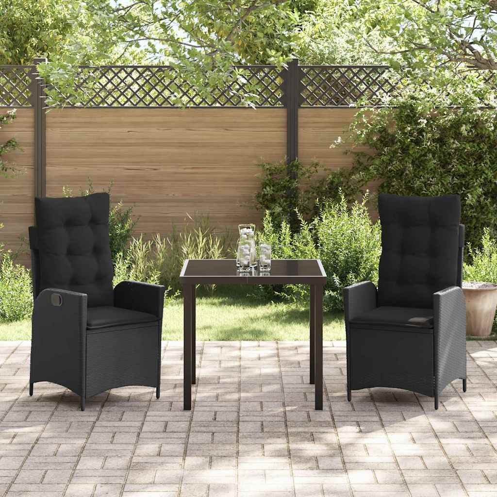 Tuin eettafelset met kussen 3 pcs Zwart poly rattan