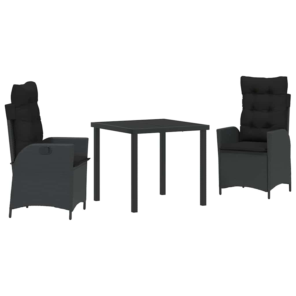 Tuin eettafelset met kussen 3 pcs Zwart poly rattan