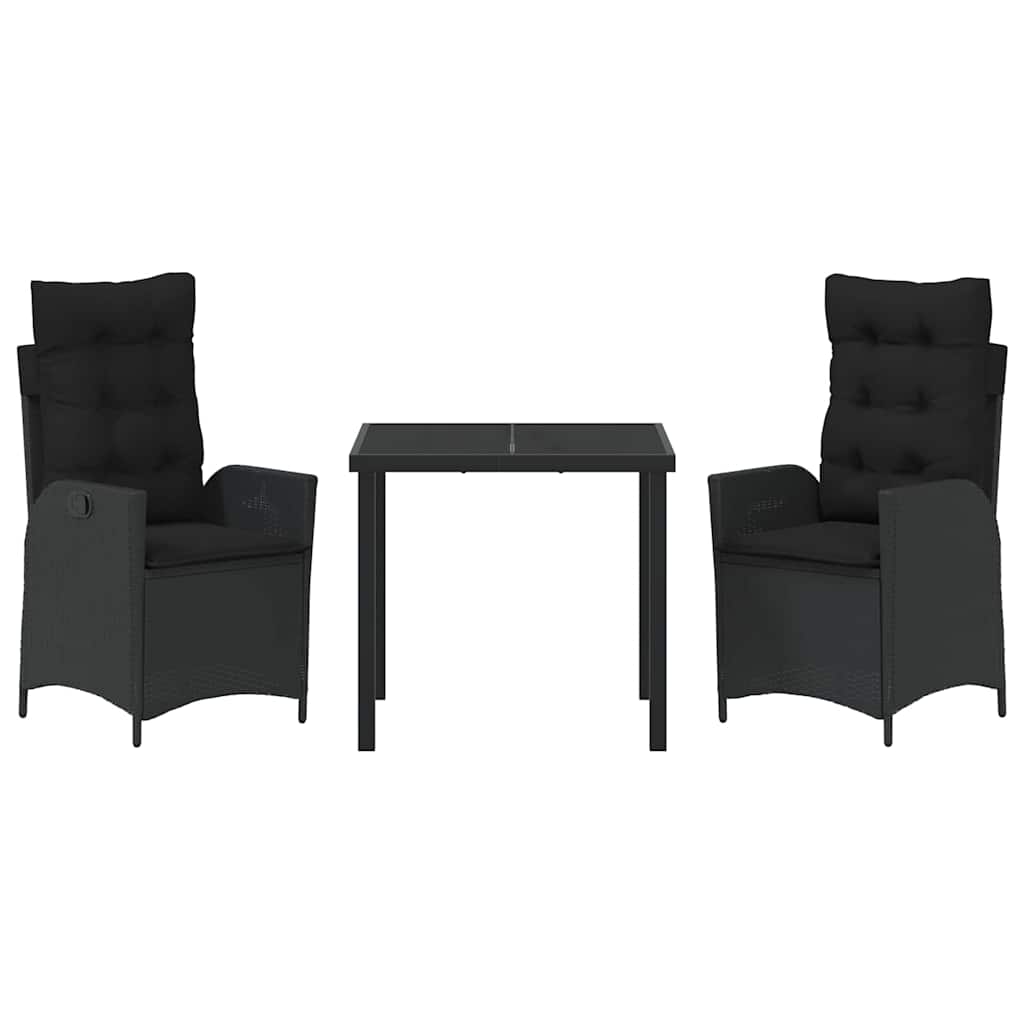 Tuin eettafelset met kussen 3 pcs Zwart poly rattan
