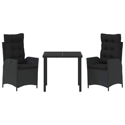 Tuin eettafelset met kussen 3 pcs Zwart poly rattan
