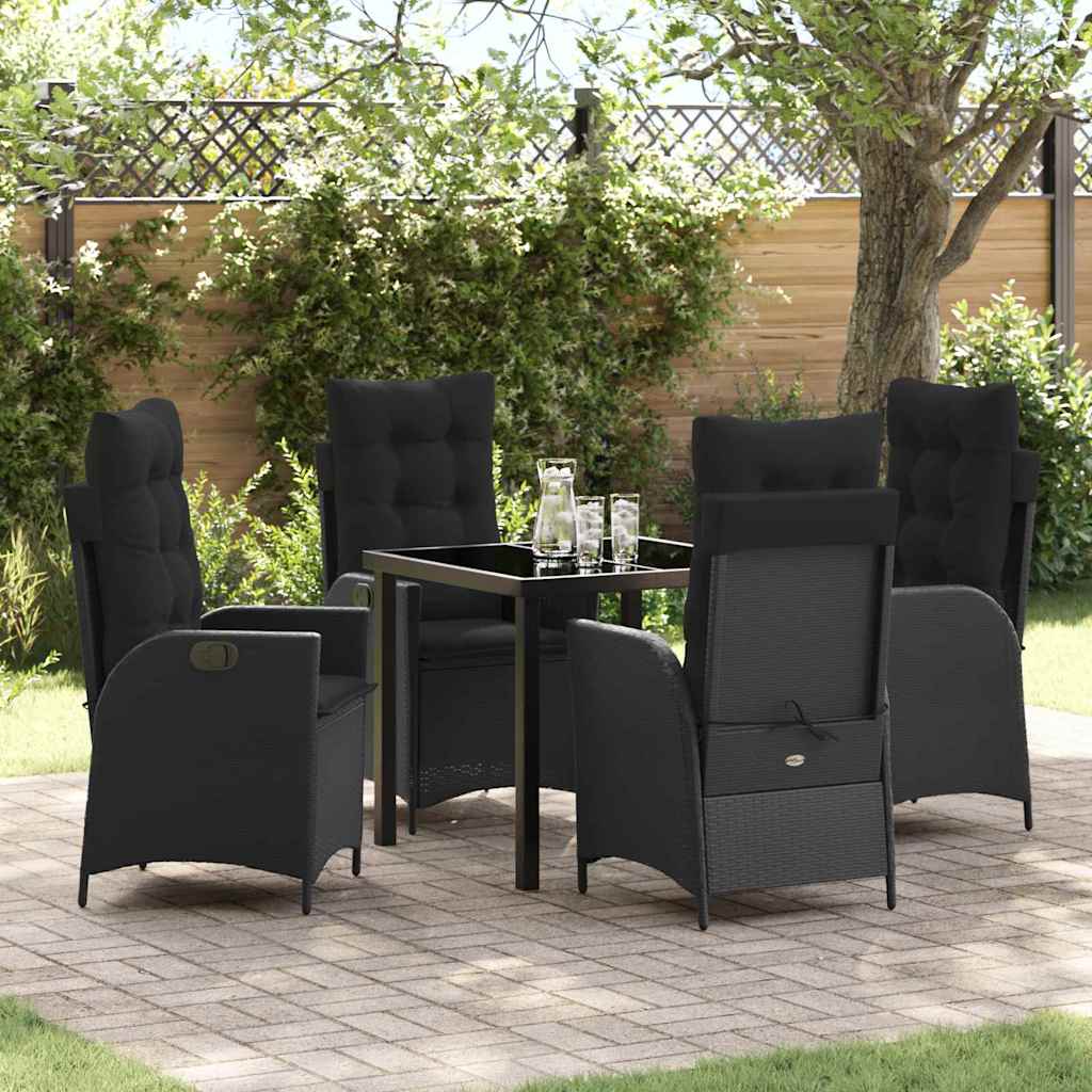 Tuin eettafelset met kussen 5 pcs Zwart poly rattan