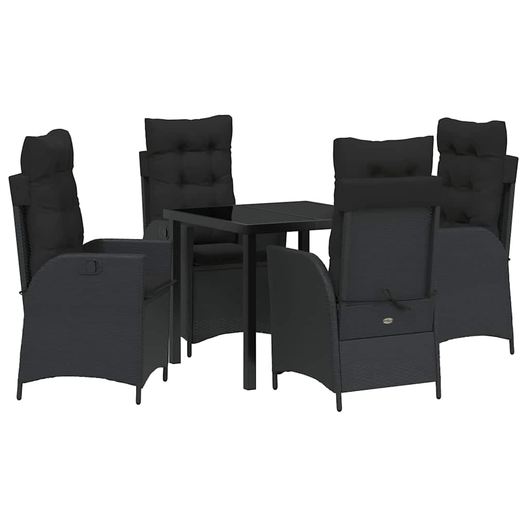 Tuin eettafelset met kussen 5 pcs Zwart poly rattan