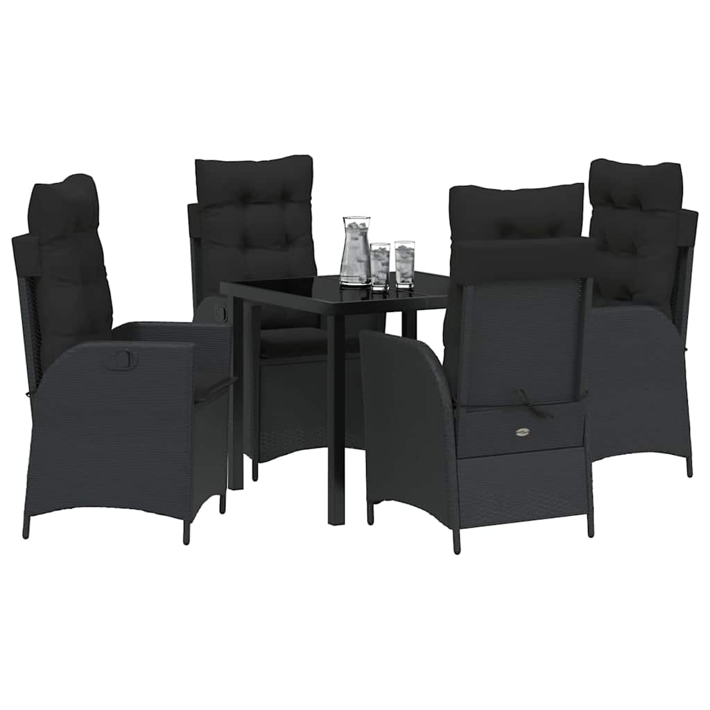 Tuin eettafelset met kussen 5 pcs Zwart poly rattan