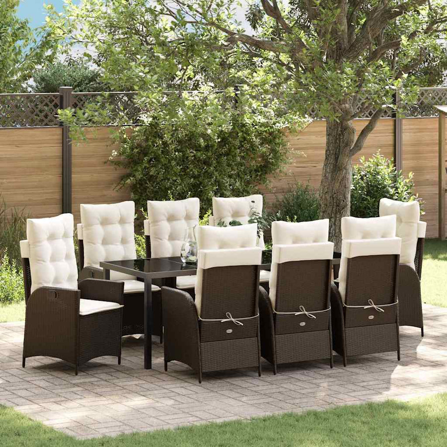 Tuin eettafelset met kussen 9 pcs Bruin poly rattan