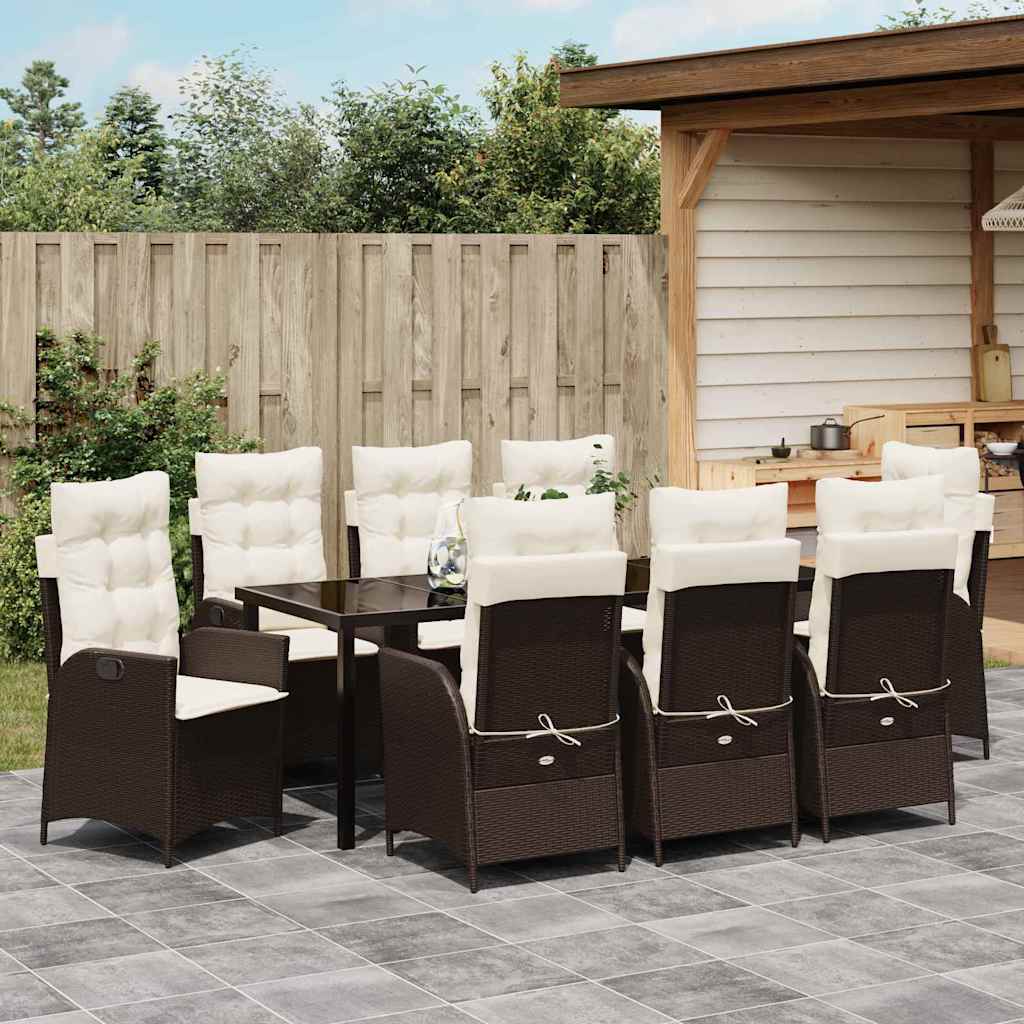 Tuin eettafelset met kussen 9 pcs Bruin poly rattan