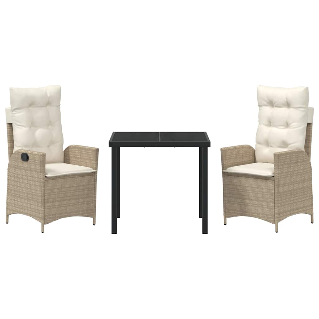 Tuin eettafelset met kussen 3 pcs Beige poly rattan