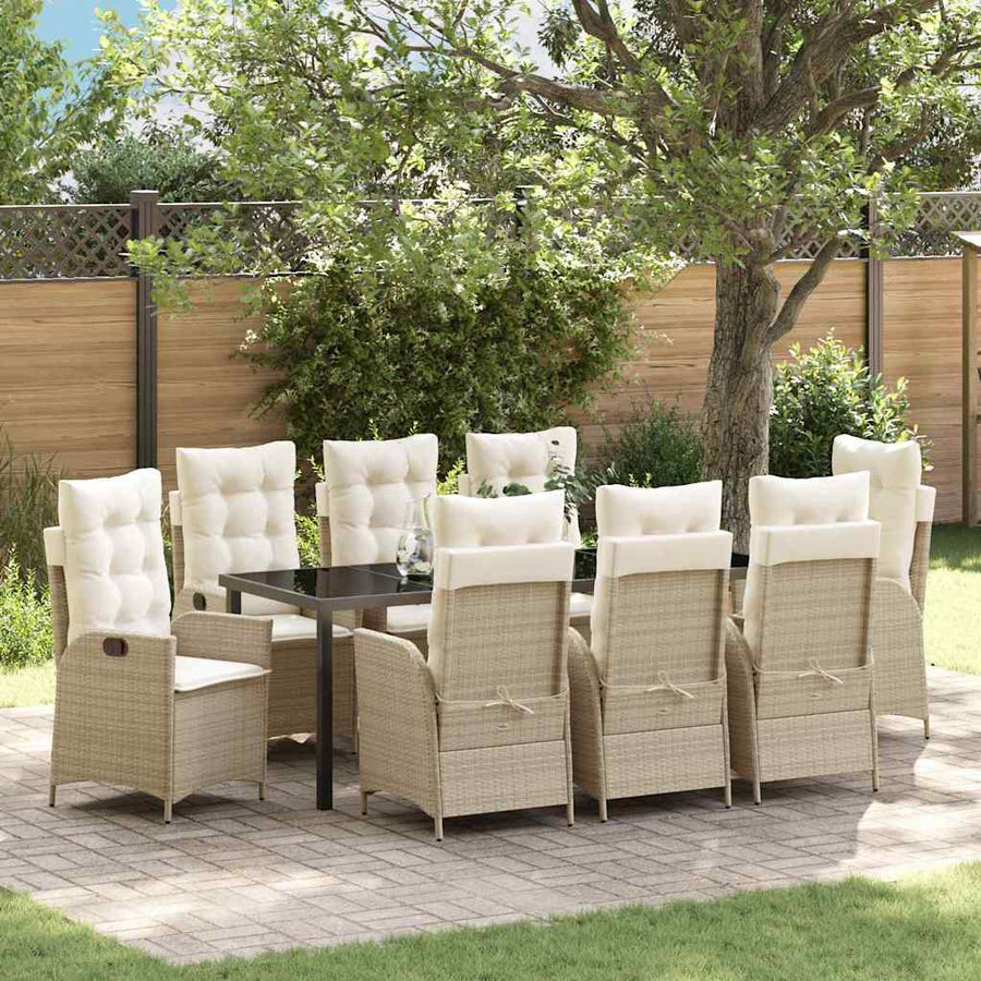 Tuin eettafelset met kussen 9 pcs Beige poly rattan