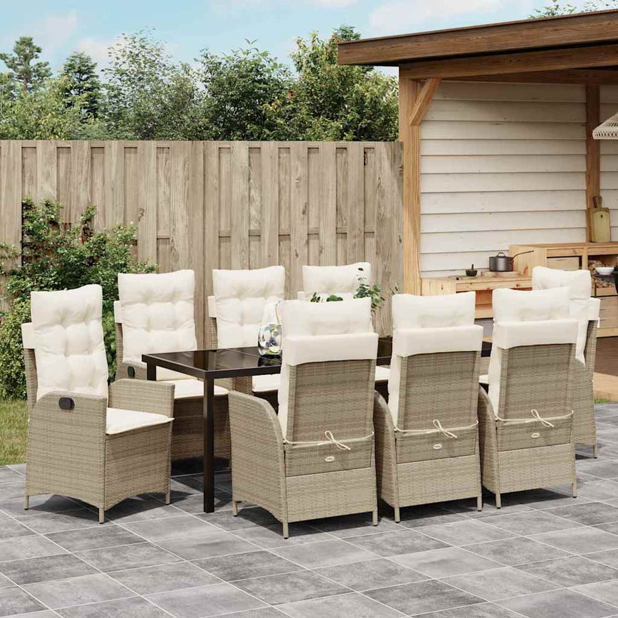 Tuin eettafelset met kussen 9 pcs Beige poly rattan