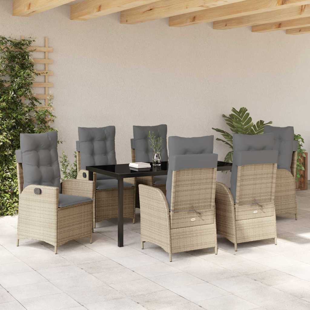 Tuin eettafelset met kussen 7 pcs Beige poly rattan