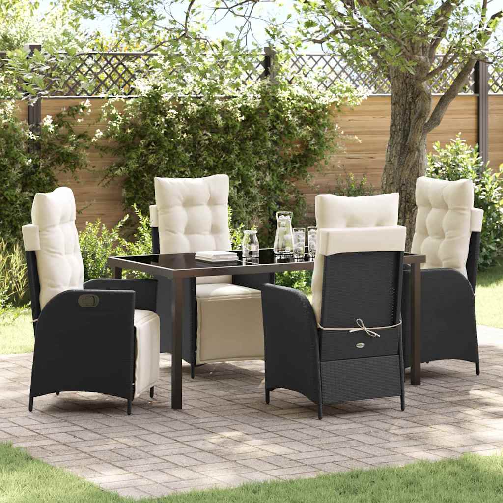 Tuin eettafelset met kussen 5 pcs Zwart poly rattan