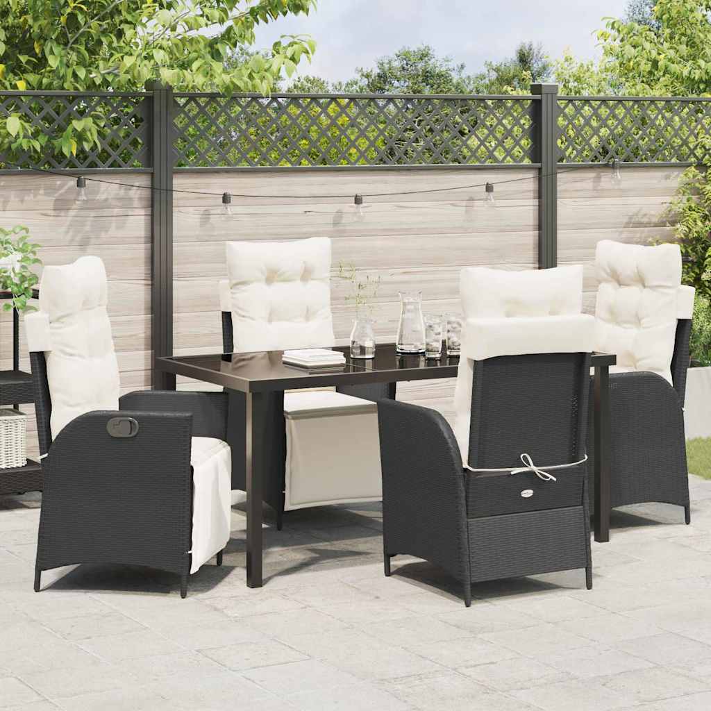 Tuin eettafelset met kussen 5 pcs Zwart poly rattan