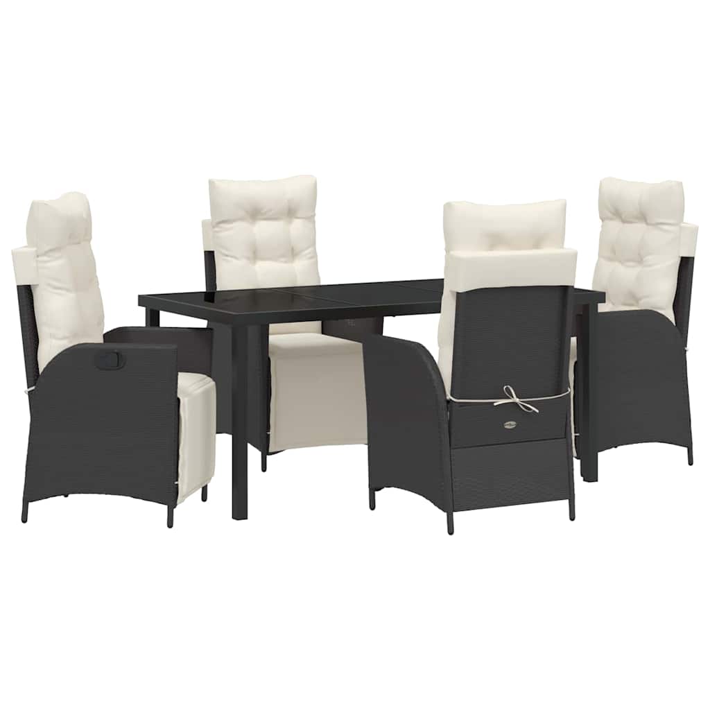 Tuin eettafelset met kussen 5 pcs Zwart poly rattan