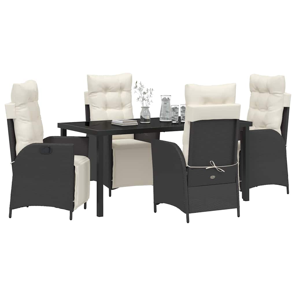 Tuin eettafelset met kussen 5 pcs Zwart poly rattan