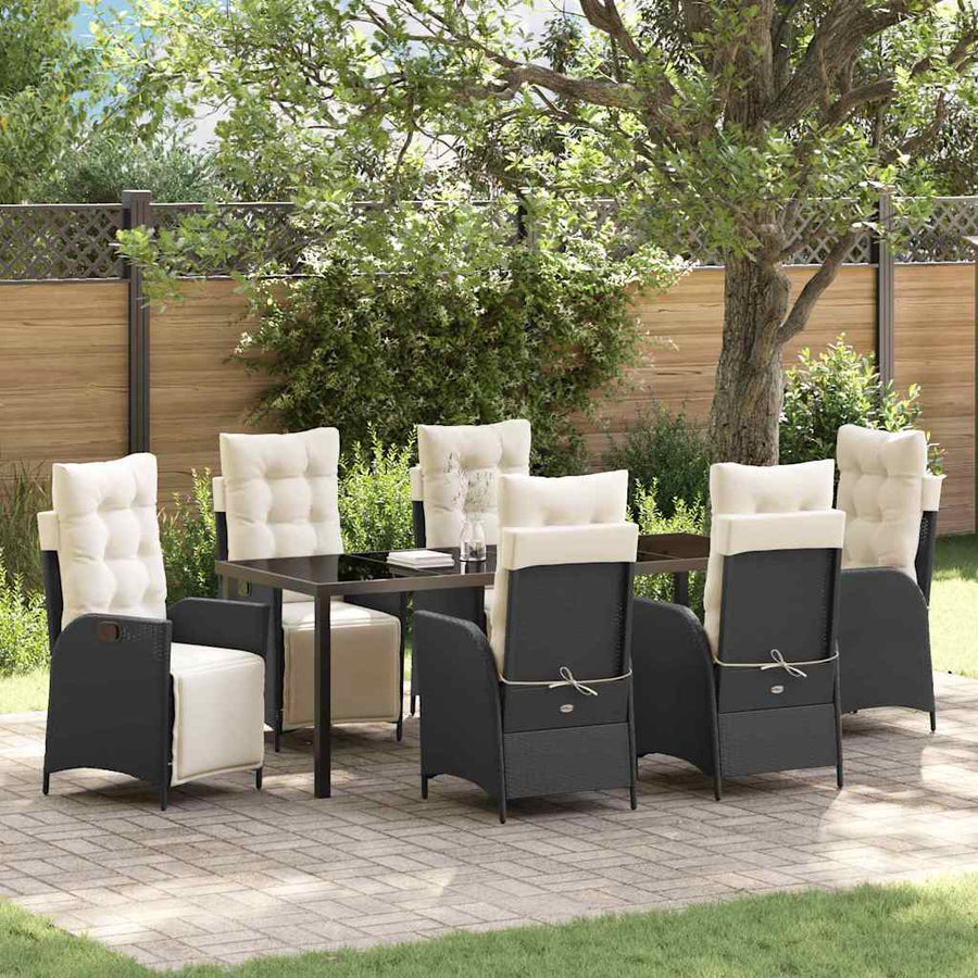Tuin Eettafelset Met Kussen 7 Pcs Zwart Poly Rattan