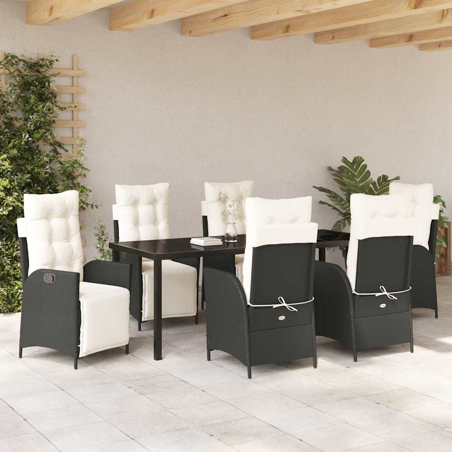 Tuin Eettafelset Met Kussen 7 Pcs Zwart Poly Rattan