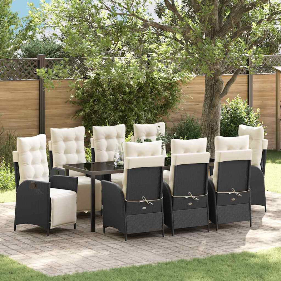 Tuin Eettafelset Met Kussen 9 Pcs Zwart Poly Rattan