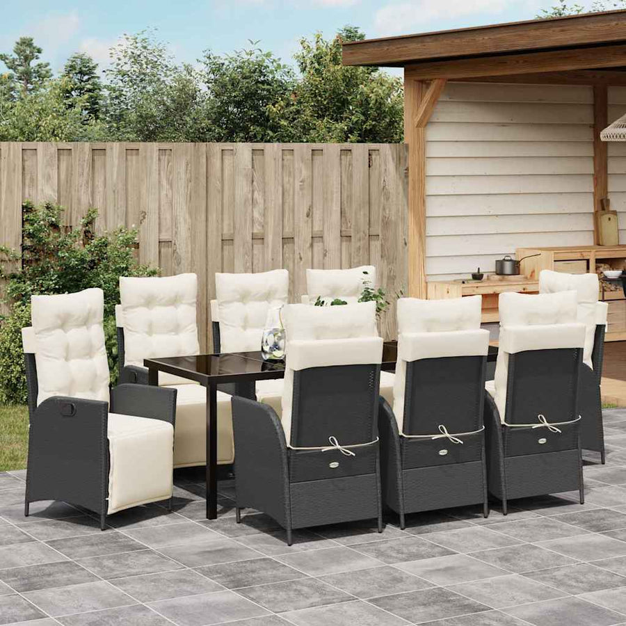 Tuin Eettafelset Met Kussen 9 Pcs Zwart Poly Rattan