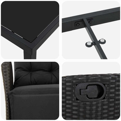 Tuin eettafelset met kussen 5 pcs Zwart poly rattan