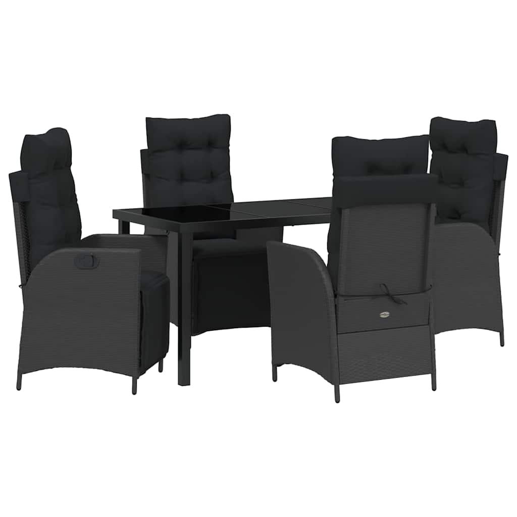 Tuin eettafelset met kussen 5 pcs Zwart poly rattan