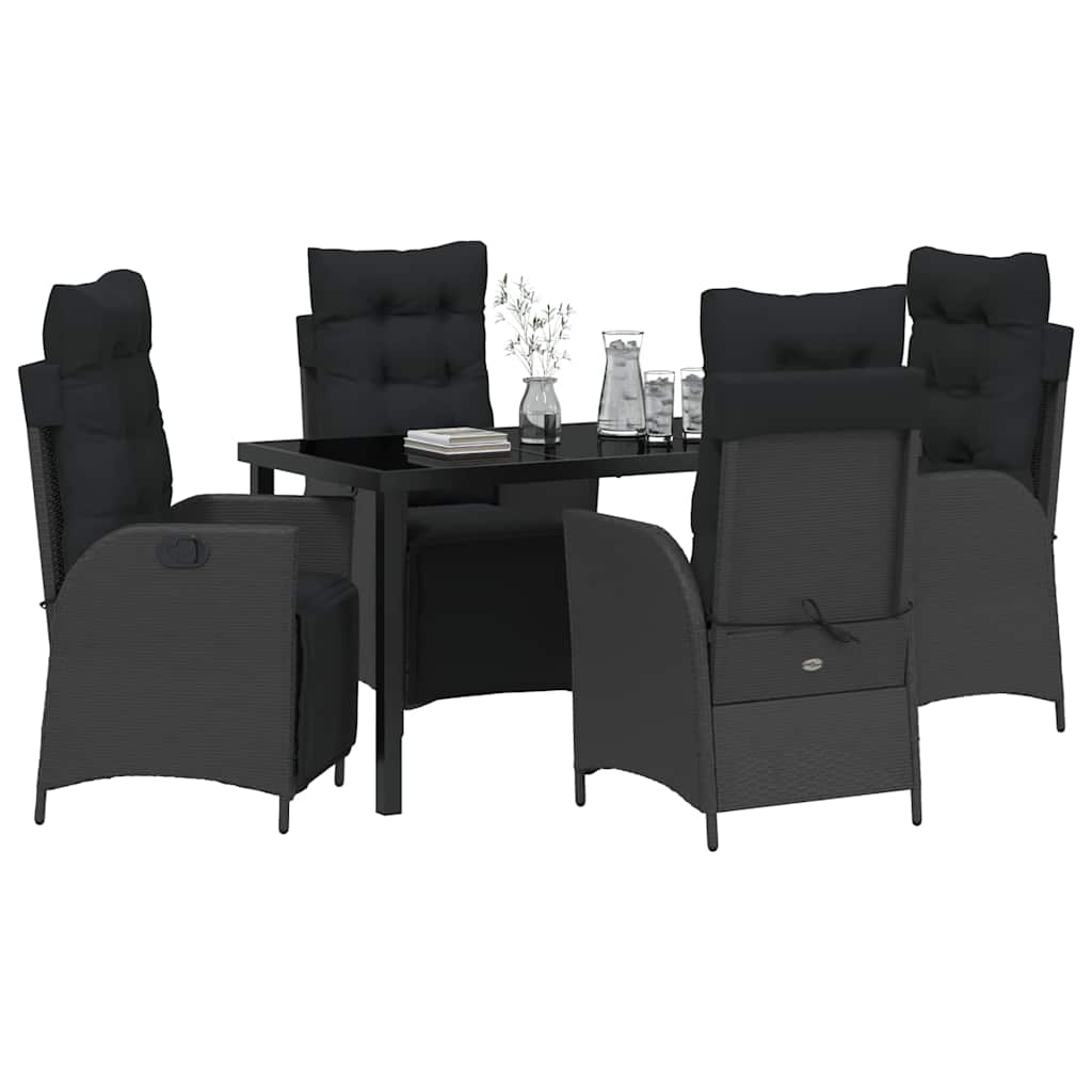 Tuin eettafelset met kussen 5 pcs Zwart poly rattan