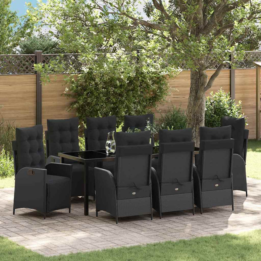 Tuin Eettafelset Met Kussen 9 Pcs Zwart Poly Rattan