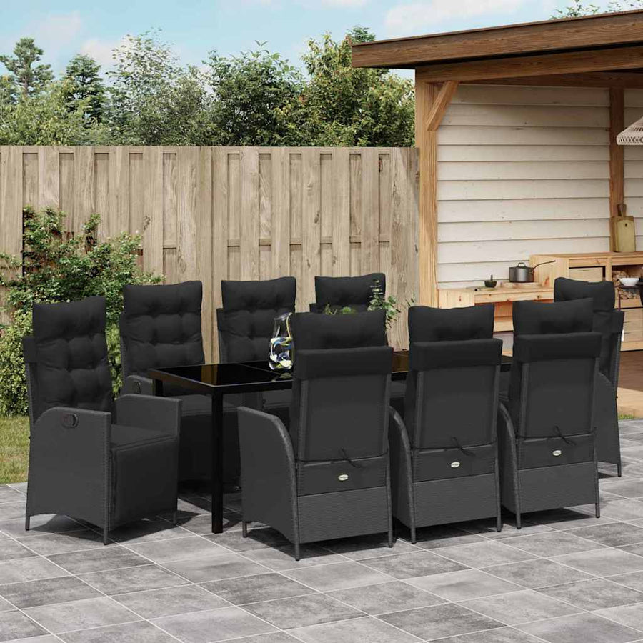 Tuin Eettafelset Met Kussen 9 Pcs Zwart Poly Rattan