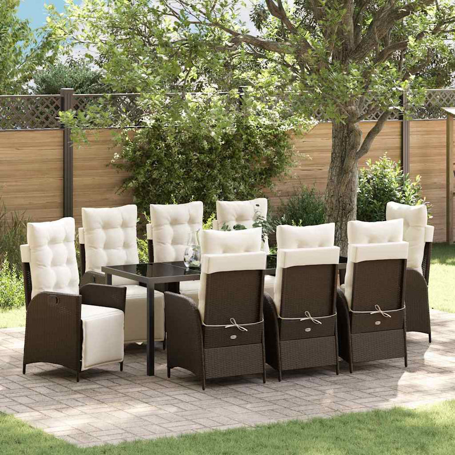 Tuin Eettafelset Met Kussen 9 Pcs Bruin Poly Rattan