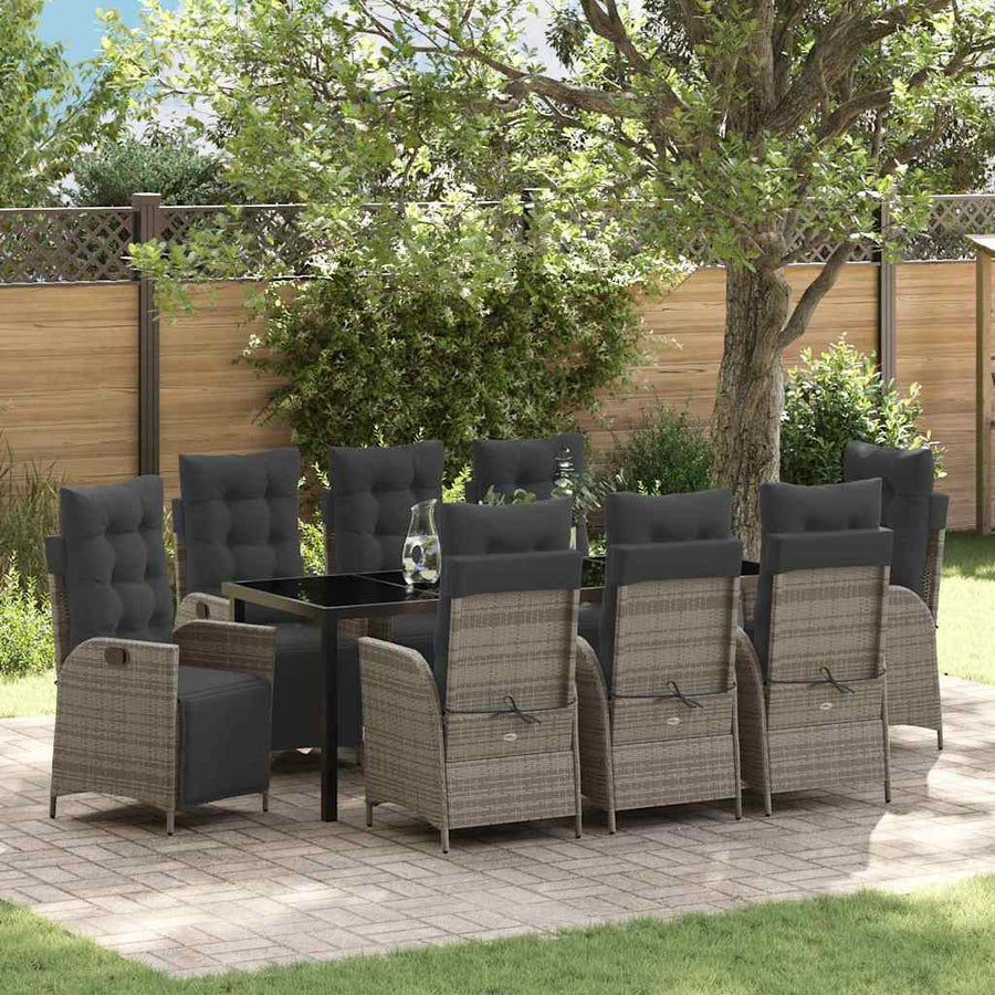 Tuin eettafelset met kussen 9 pcs Grijs poly rattan