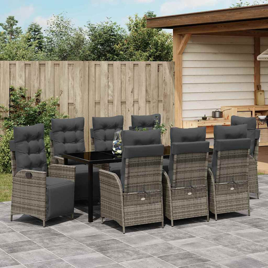 Tuin eettafelset met kussen 9 pcs Grijs poly rattan
