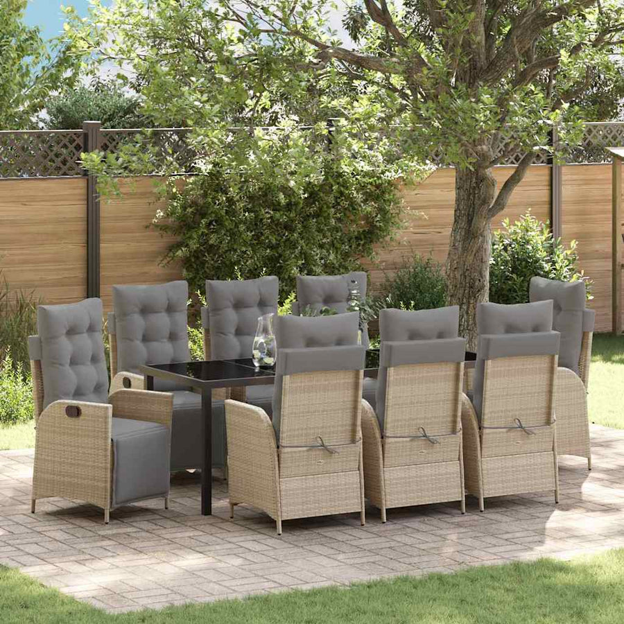 Tuin Eettafelset Met Kussen 9 Pcs Beige Poly Rattan