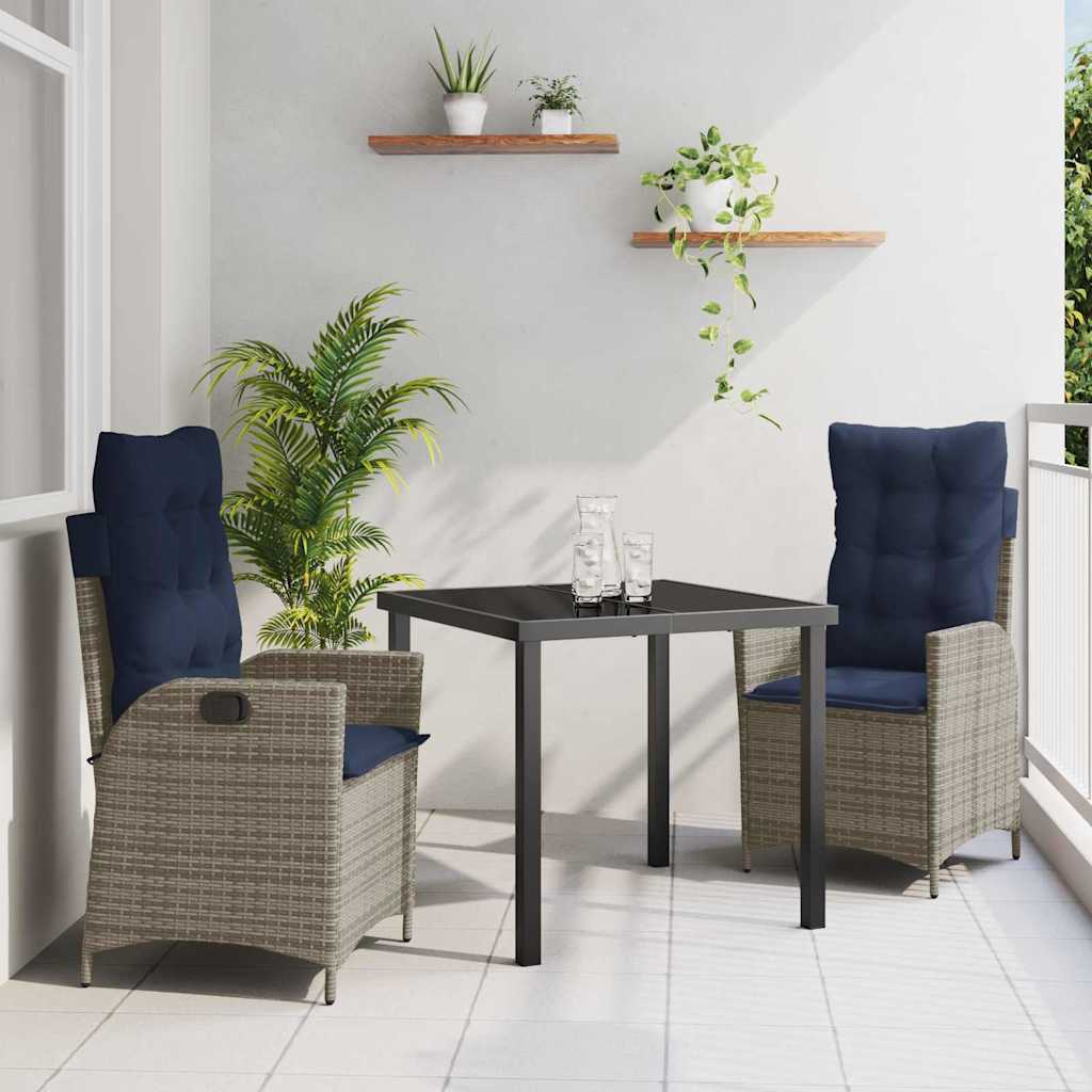 Tuin eettafelset met kussen 3 pcs Grijs en zwart Rattan