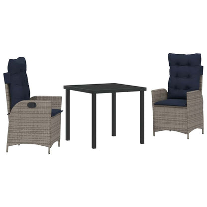 Tuin eettafelset met kussen 3 pcs Grijs en zwart Rattan