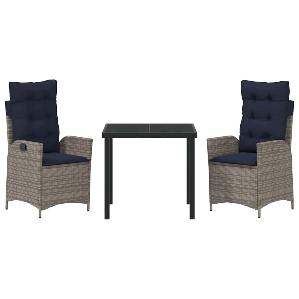 Tuin eettafelset met kussen 3 pcs Grijs en zwart Rattan