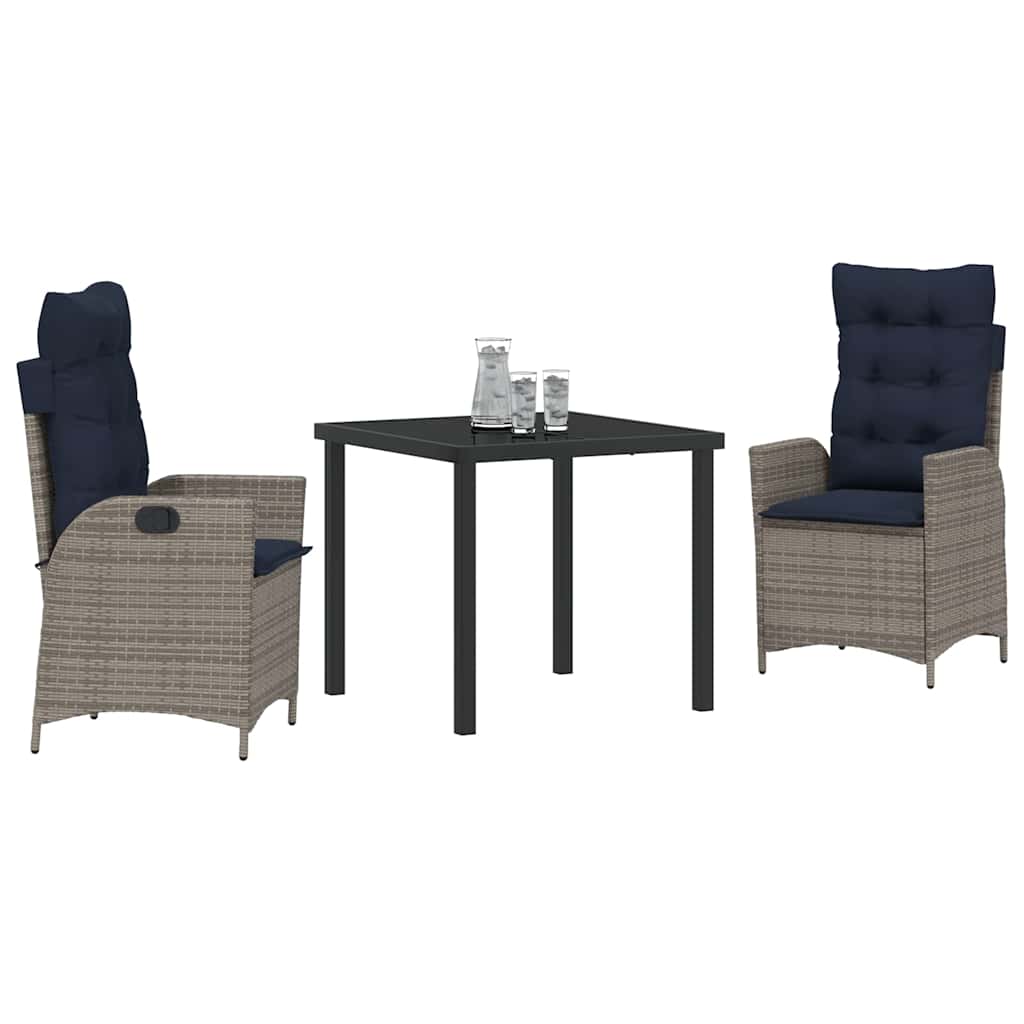 Tuin eettafelset met kussen 3 pcs Grijs en zwart Rattan