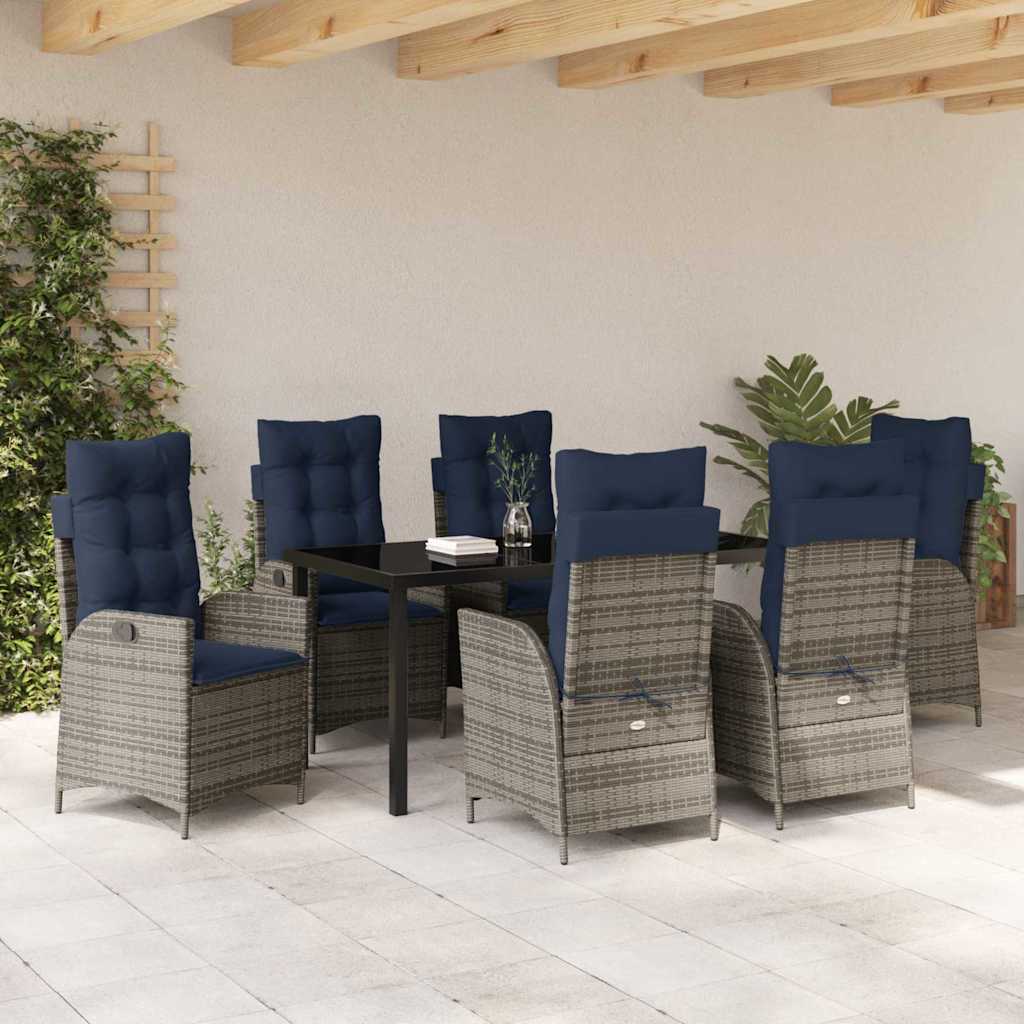 Tuin eettafelset met kussen 7 pcs Grijs en zwart Rattan