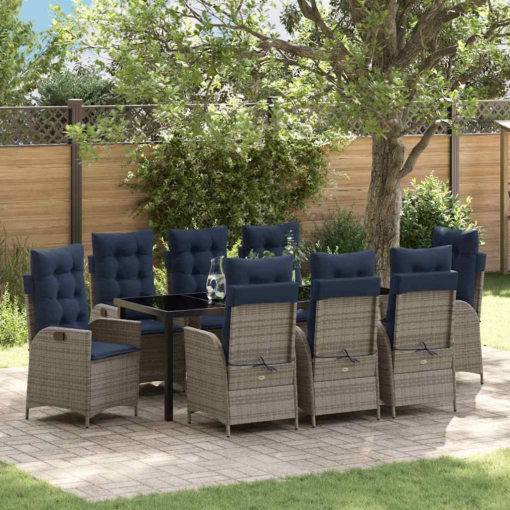 Tuin eettafelset met kussen 9 pcs Grijs en zwart Rattan