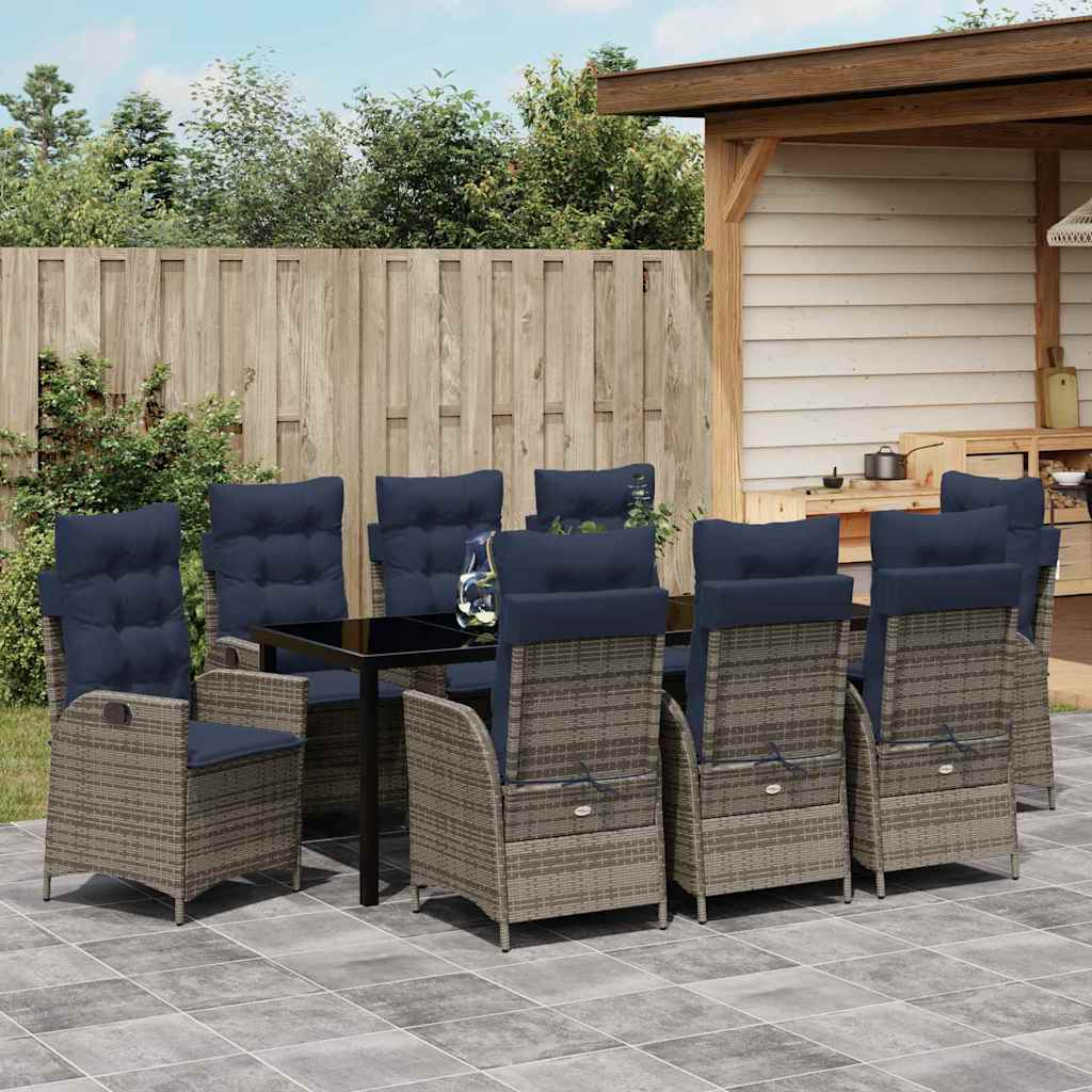 Tuin eettafelset met kussen 9 pcs Grijs en zwart Rattan